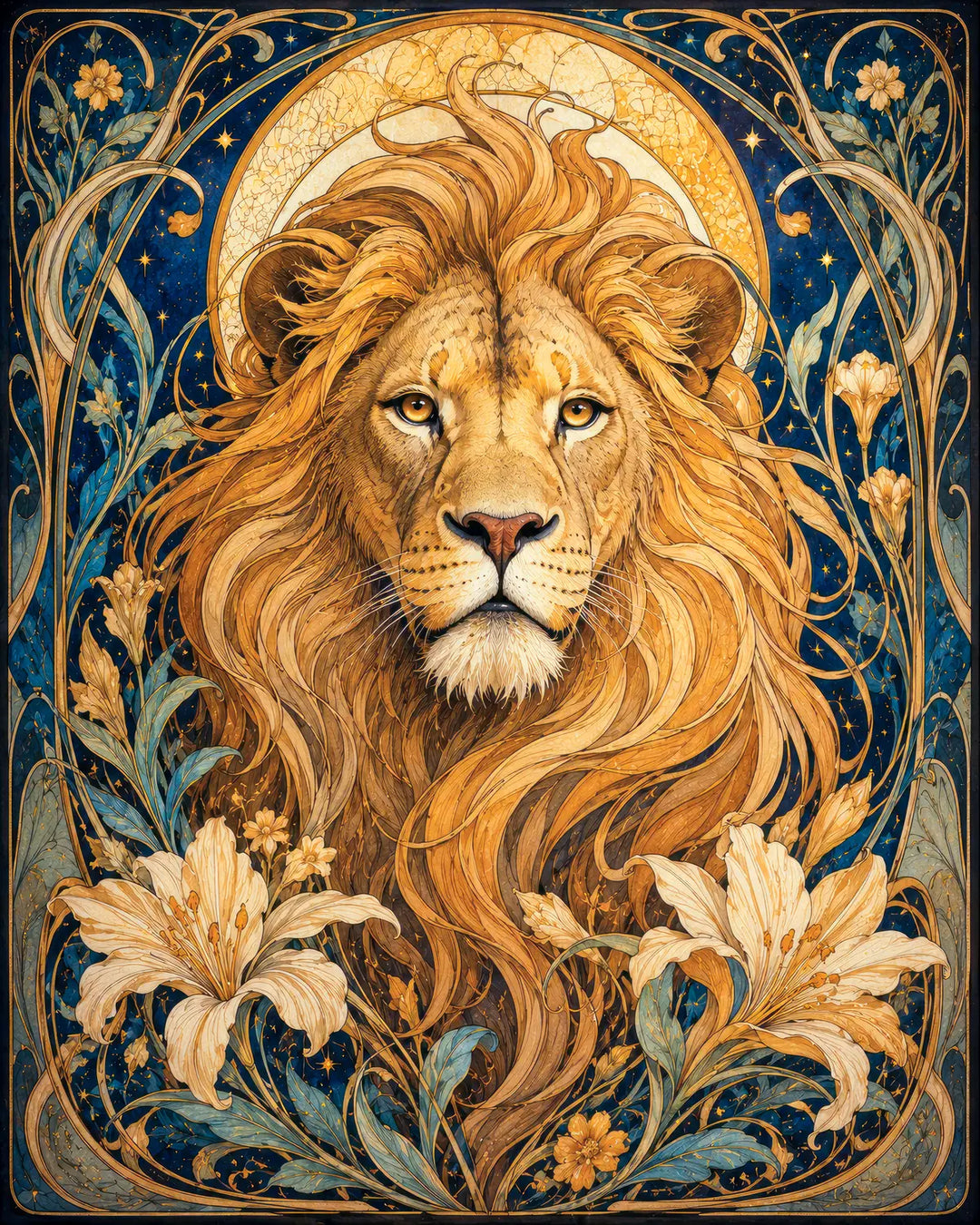 Golden lion diamond painting kit — a majestic lion portrait in warm golden tones
