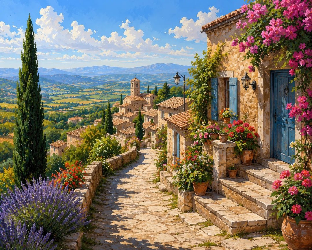 Provence village diamond painting — a cobblestone path through lavender fields toward a hilltop village