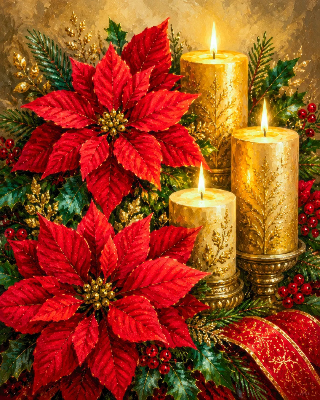 Poinsettia Glow diamond painting kit - red poinsettias beside glowing gold candles and holly