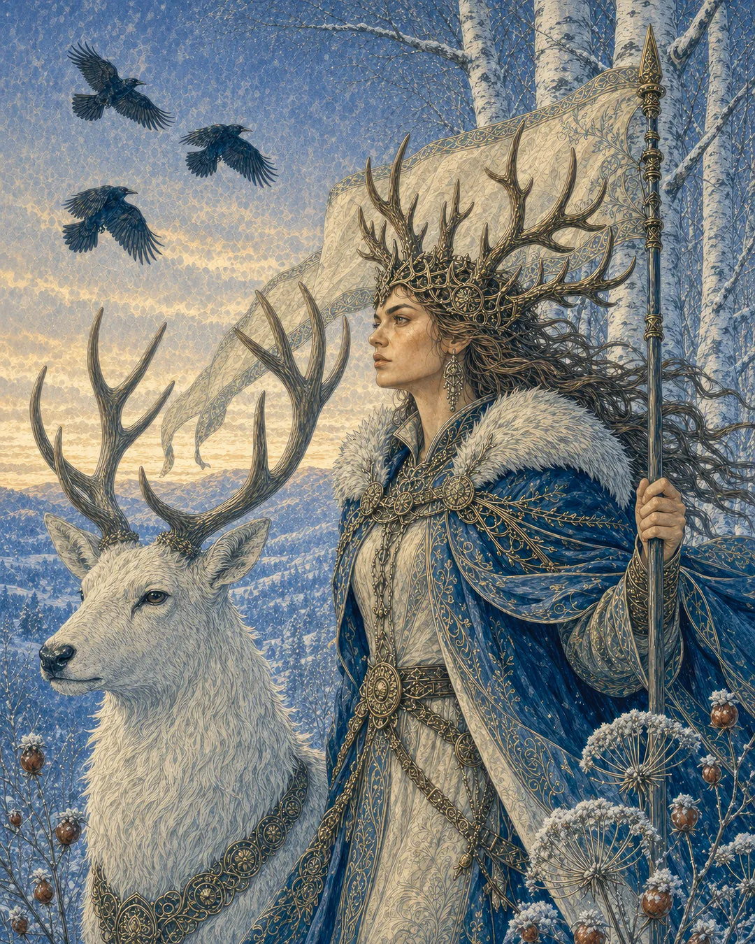 Keeper of the Winter Wood diamond painting kit - antler-crowned queen and white stag with ravens