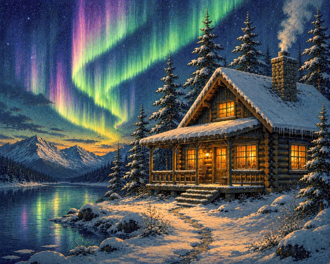 Aurora cabin diamond painting kit featuring a glowing log cabin under the northern lights by a snowy lake