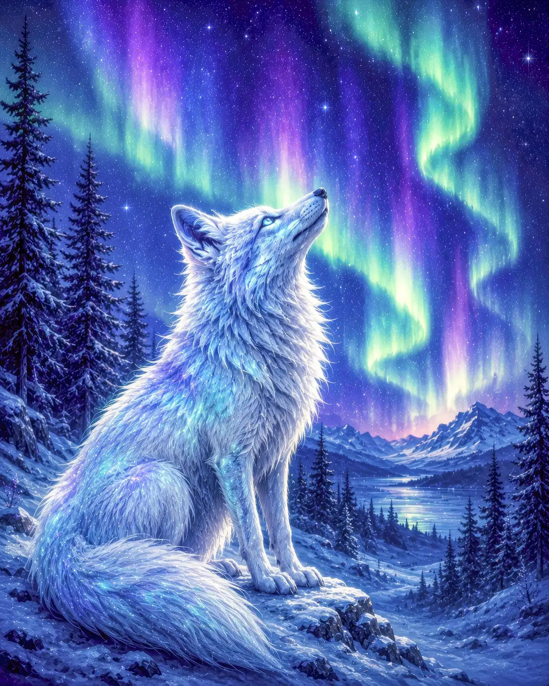 Aurora spirit diamond painting kit featuring a glowing white fox under the northern lights