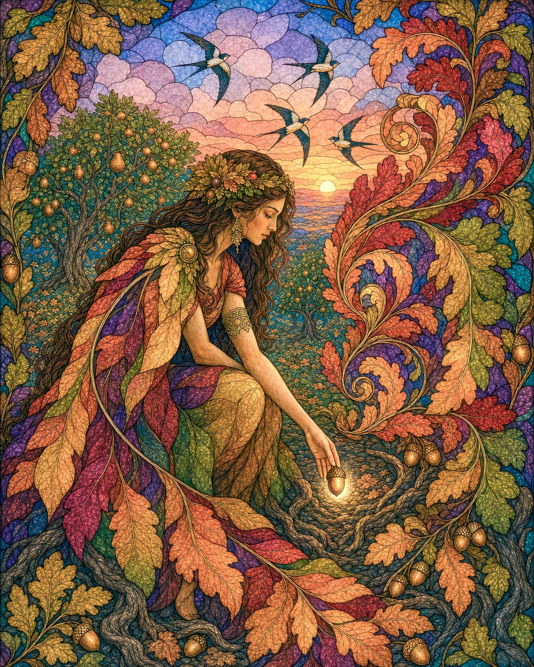 The Acorn's Promise diamond painting kit - autumn goddess placing a glowing acorn beneath swallows in an orchard
