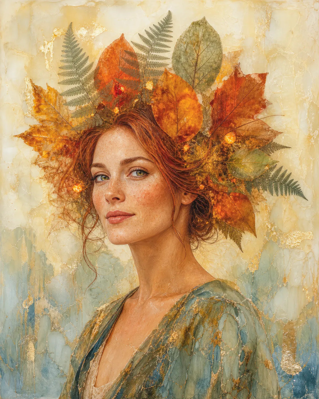 Crowned in Autumn diamond painting kit - woman wearing a crown of pressed autumn leaves and ferns