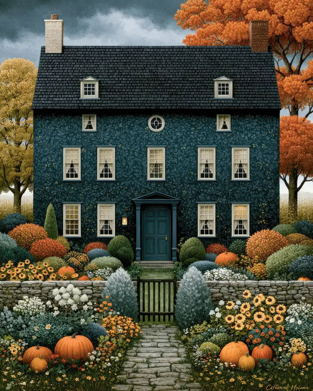 Autumn manor diamond painting kit featuring a manor house with fall foliage, pumpkins, and flowers