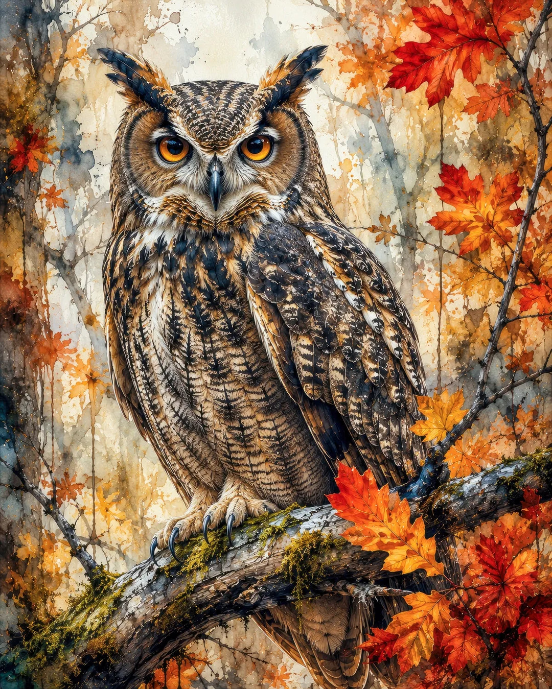 Autumn owl diamond painting kit featuring a great horned owl perched among red and gold fall leaves