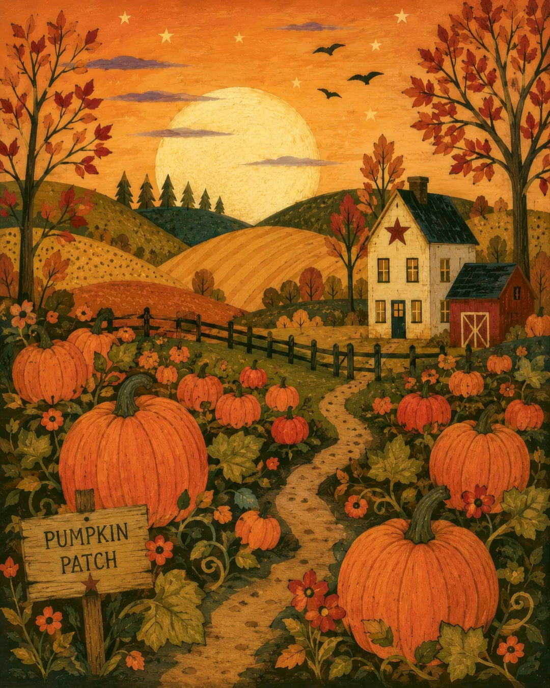 Autumn Pumpkin Patch diamond painting kit - farmhouse overlooking a pumpkin patch at golden sunset