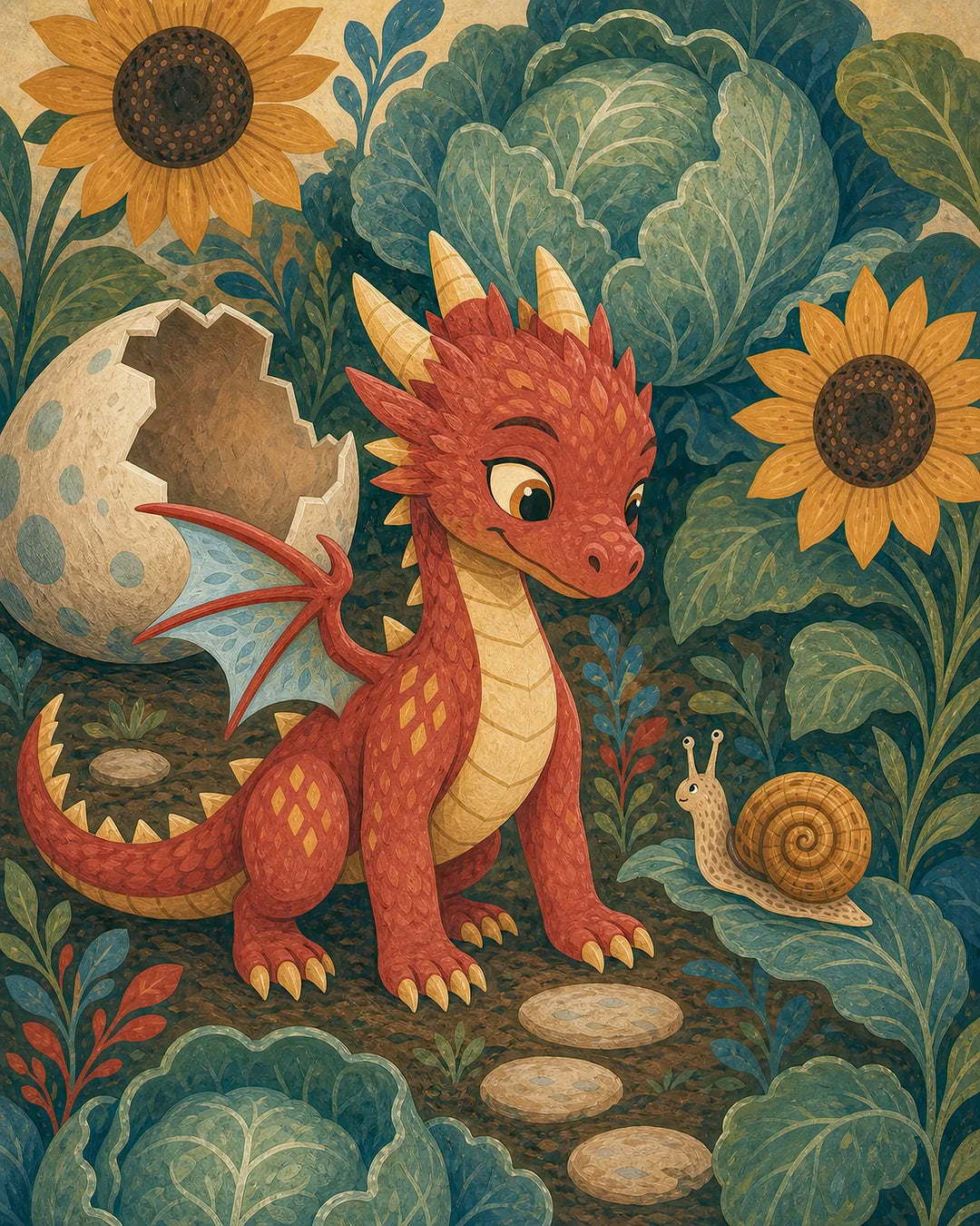 First Light, First Steps diamond painting kit - newly hatched baby dragon meeting a garden snail among sunflowers