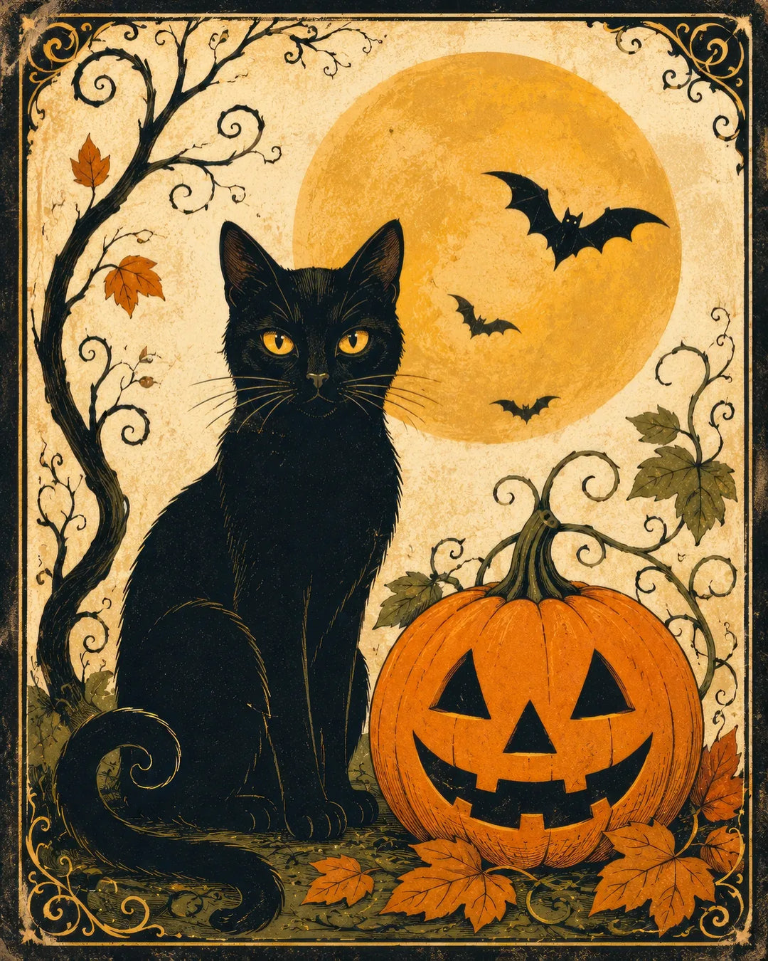Midnight Black Cat diamond painting kit - black cat and jack-o-lantern under a harvest moon