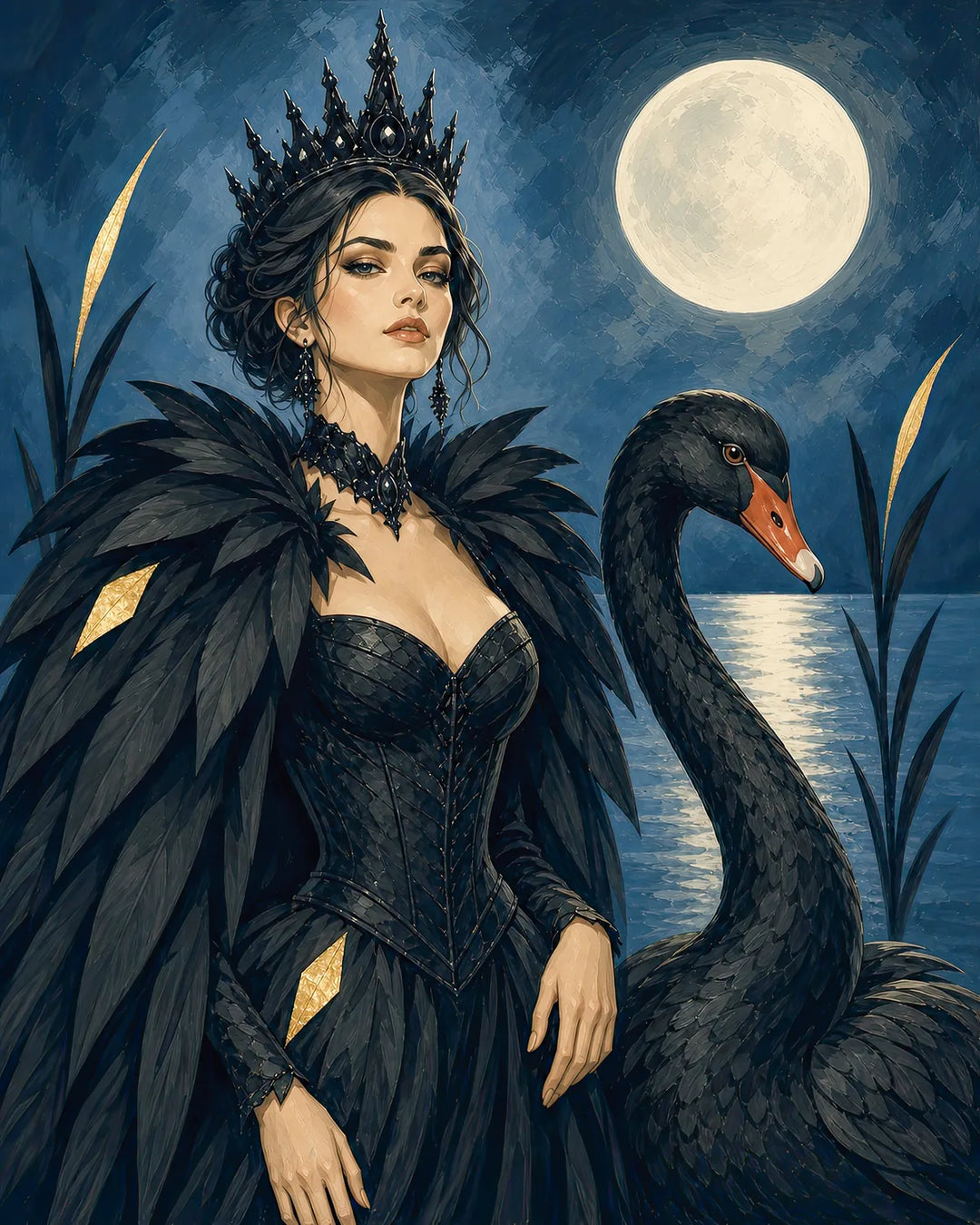 Sovereign of the Black Lake diamond painting kit - dark queen crowned in jewels beside a black swan