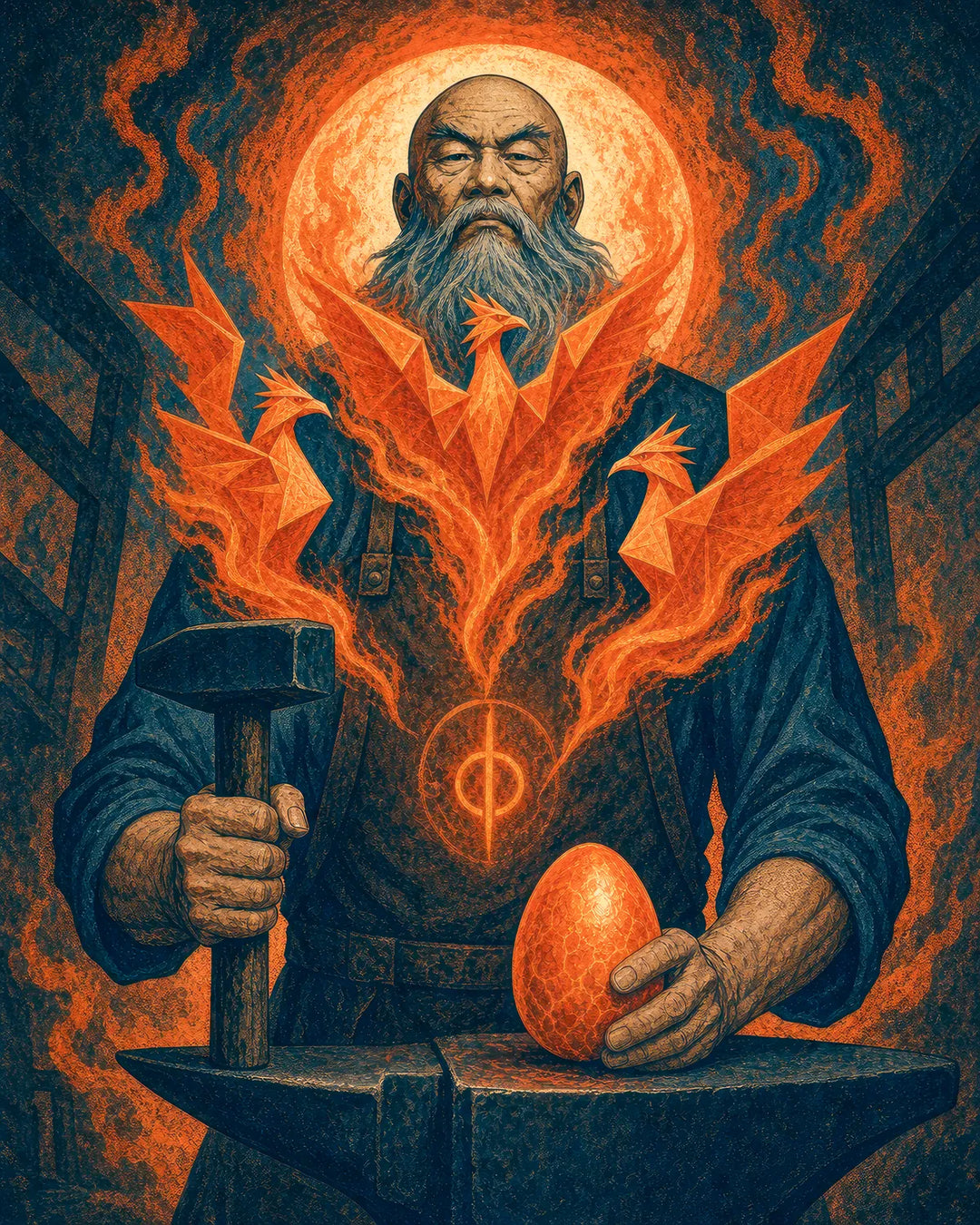 The Smith Who Forges Fire diamond painting kit - blacksmith cradling a glowing egg with a phoenix rising from the flames