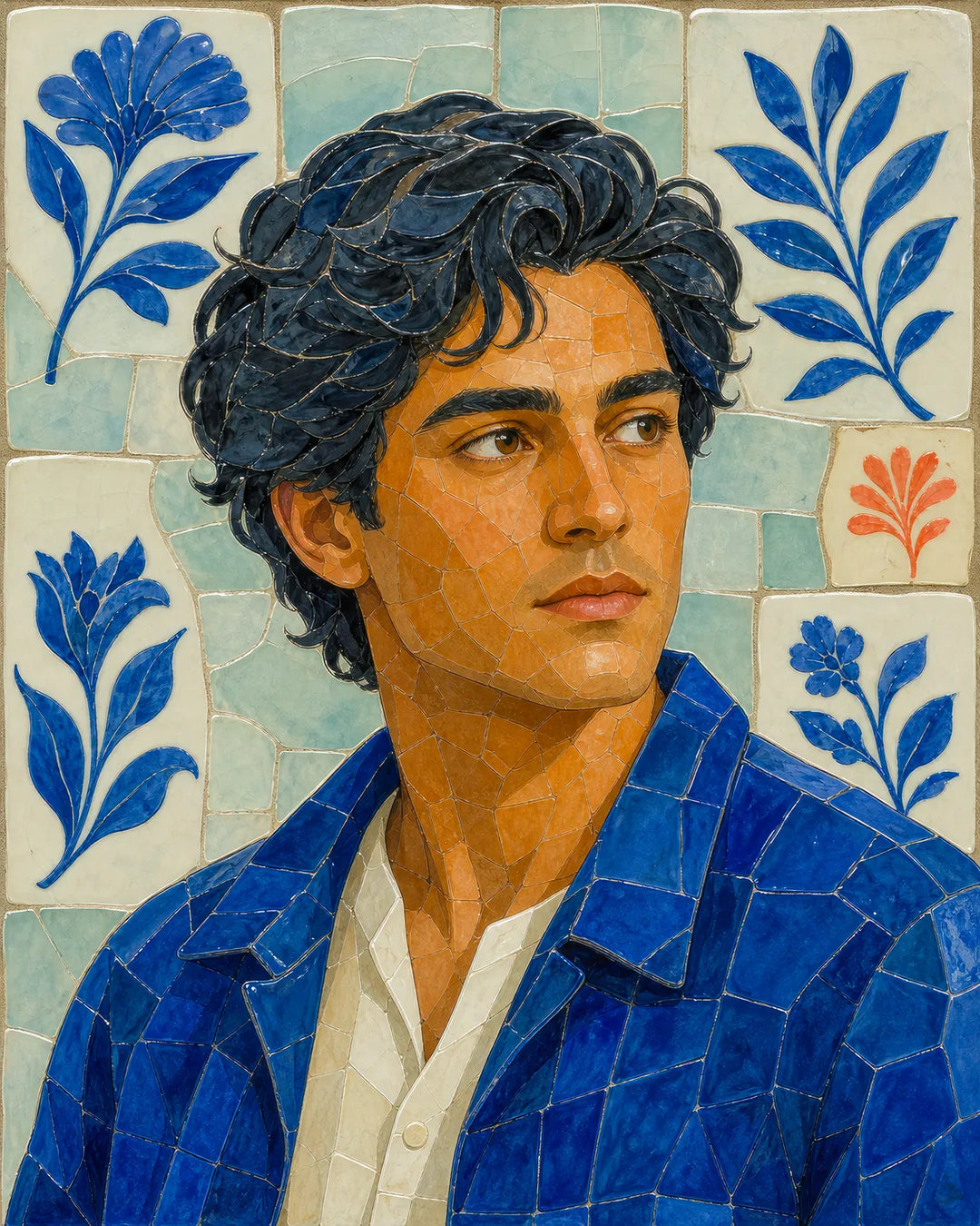 Portrait in Blue Tile diamond painting kit - young man rendered in blue ceramic mosaic with floral tilework