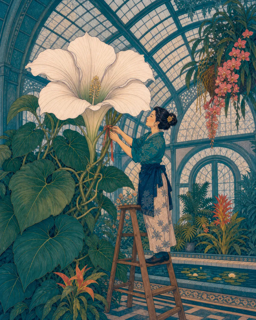 The Gardener's Reverence diamond painting kit - woman tying a ribbon to a giant flower in a glass conservatory