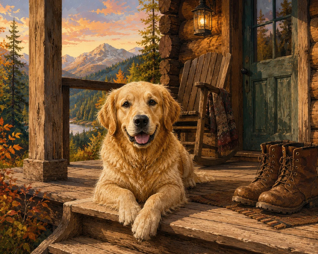 Cabin porch Labrador diamond painting kit featuring a golden Labrador on a log cabin porch at autumn sunset