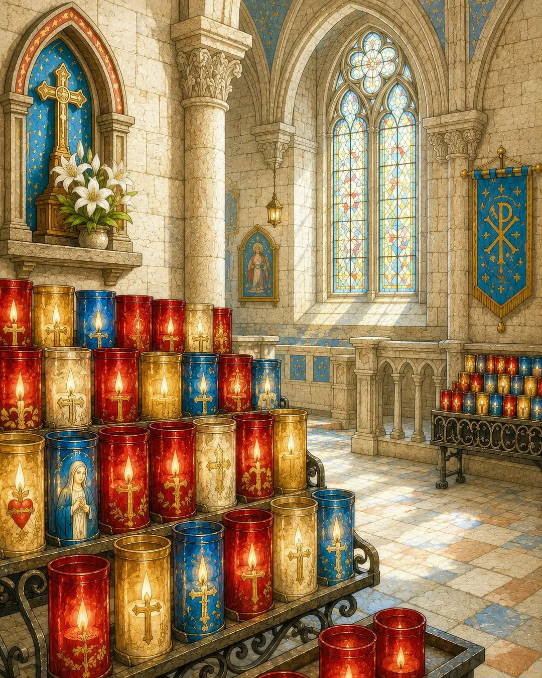 Candles of Hope diamond painting kit featuring glowing prayer candles in a sunlit church with stained glass