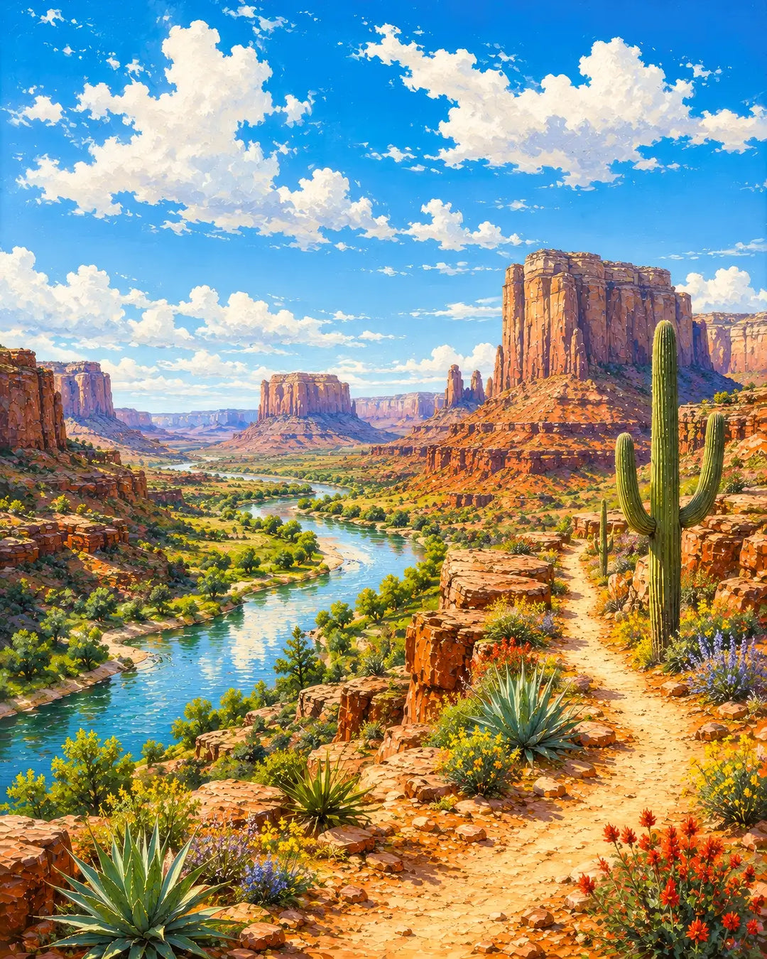 Canyon River diamond painting kit featuring a turquoise river winding through red desert mesas with a saguaro and wildflowers