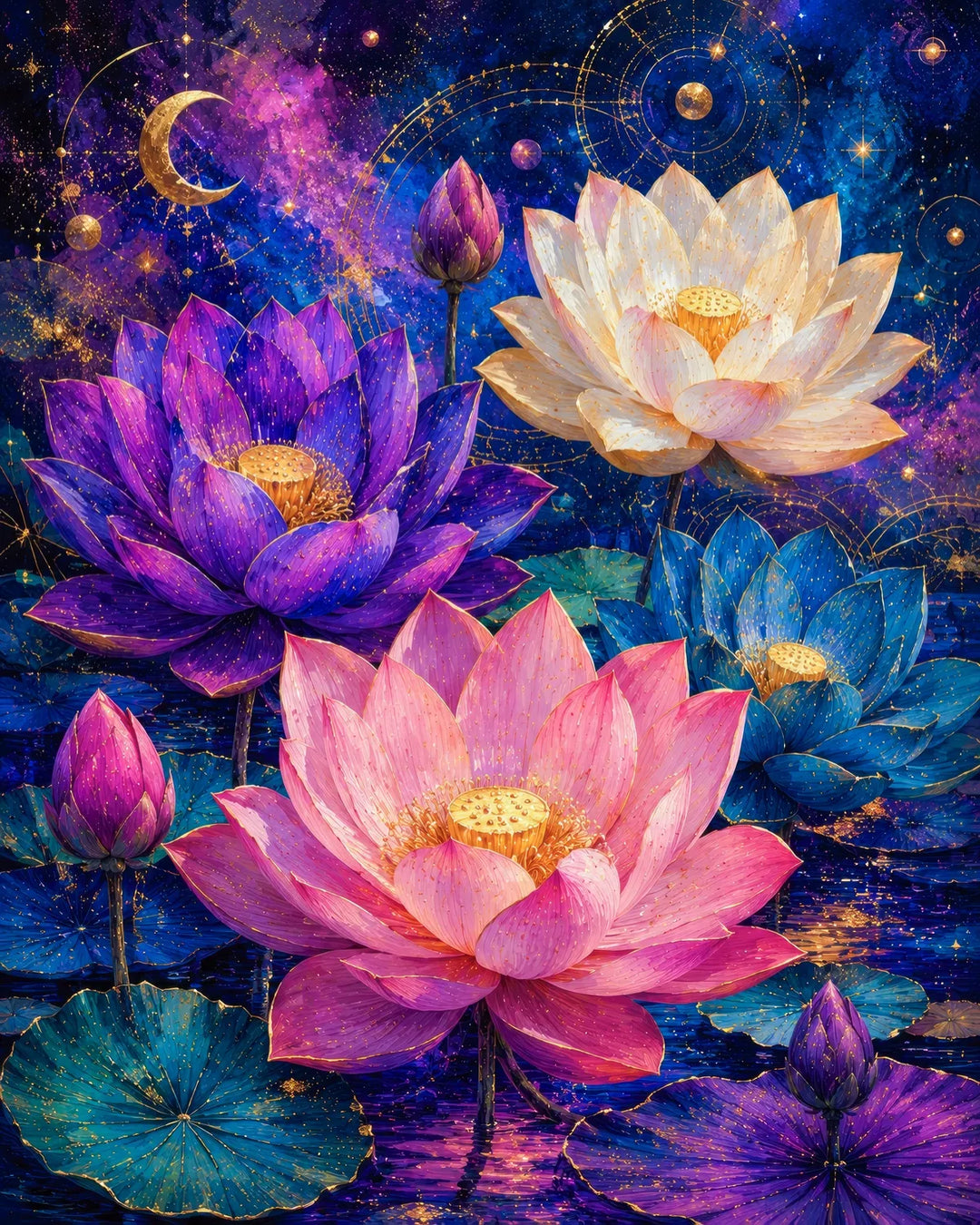 Celestial lotus diamond painting kit featuring pink, purple, and blue lotus flowers under a starry sky