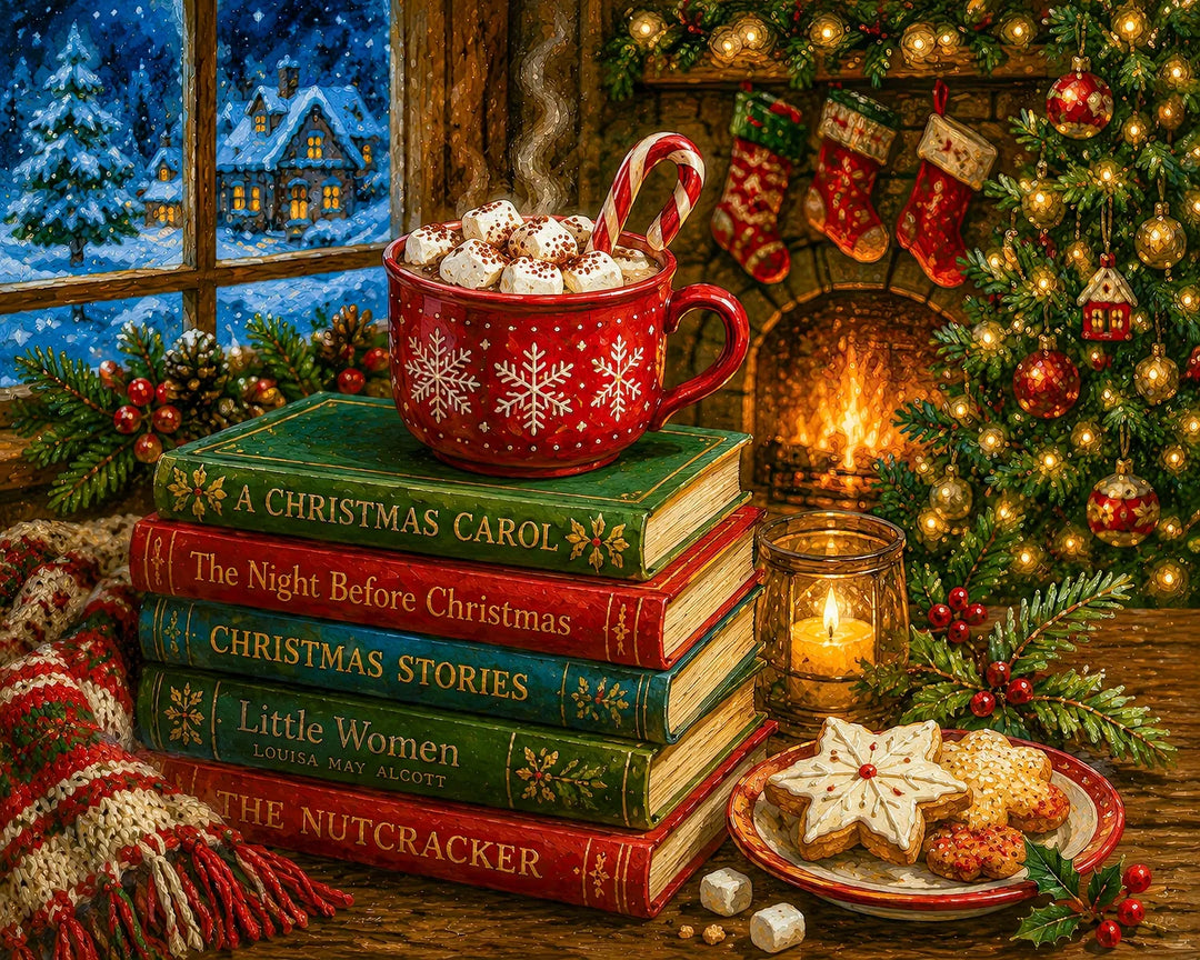 Cozy Christmas Reading diamond painting kit - stack of Christmas books with hot cocoa by the fireplace