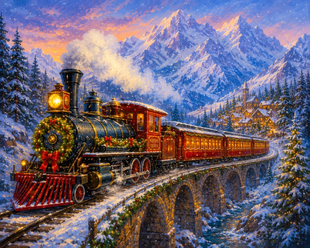 North Pole Express diamond painting kit - wreath-adorned steam train crossing a snowy mountain bridge