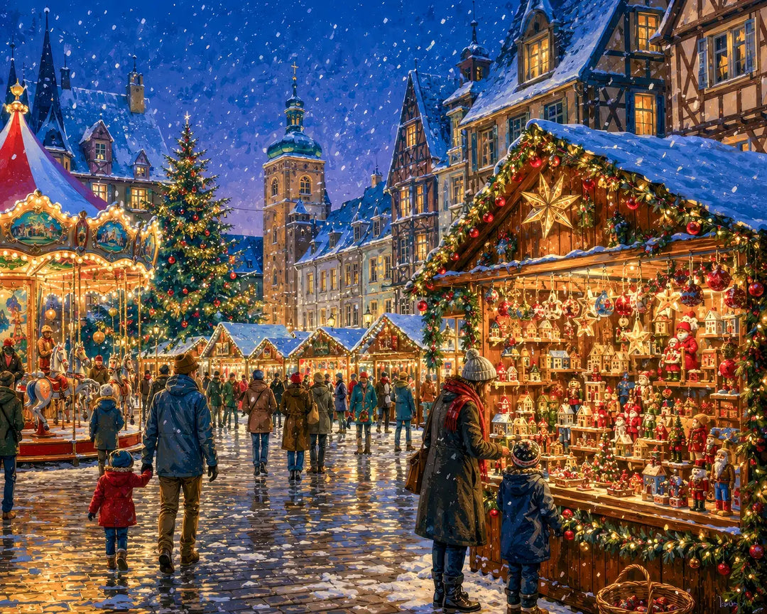 Winter Carousel Nights diamond painting kit - snowy Christmas market with carousel and lit tree