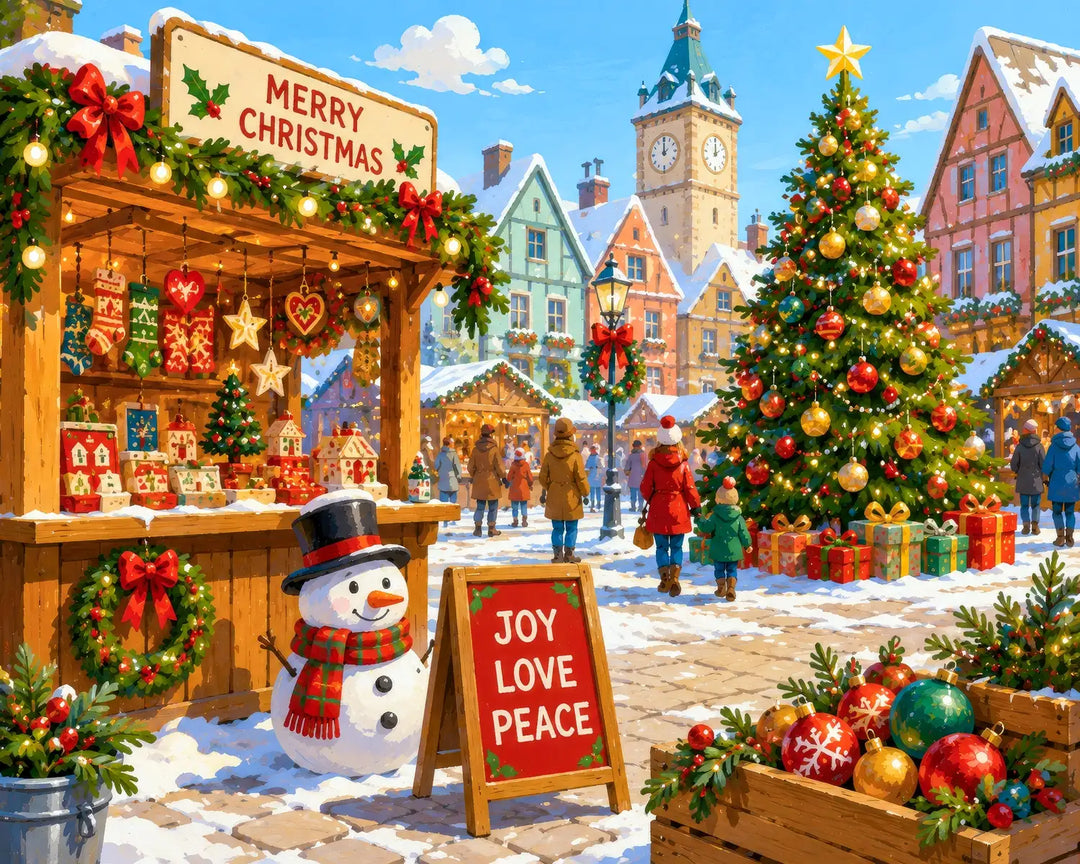 Joy in the Square diamond painting kit - festive Christmas market square with snowman and decorated tree