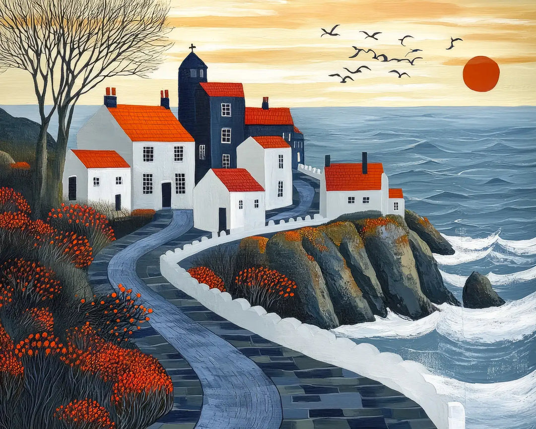 Cliffside village diamond painting kit featuring red-roofed cottages above the sea at sunset