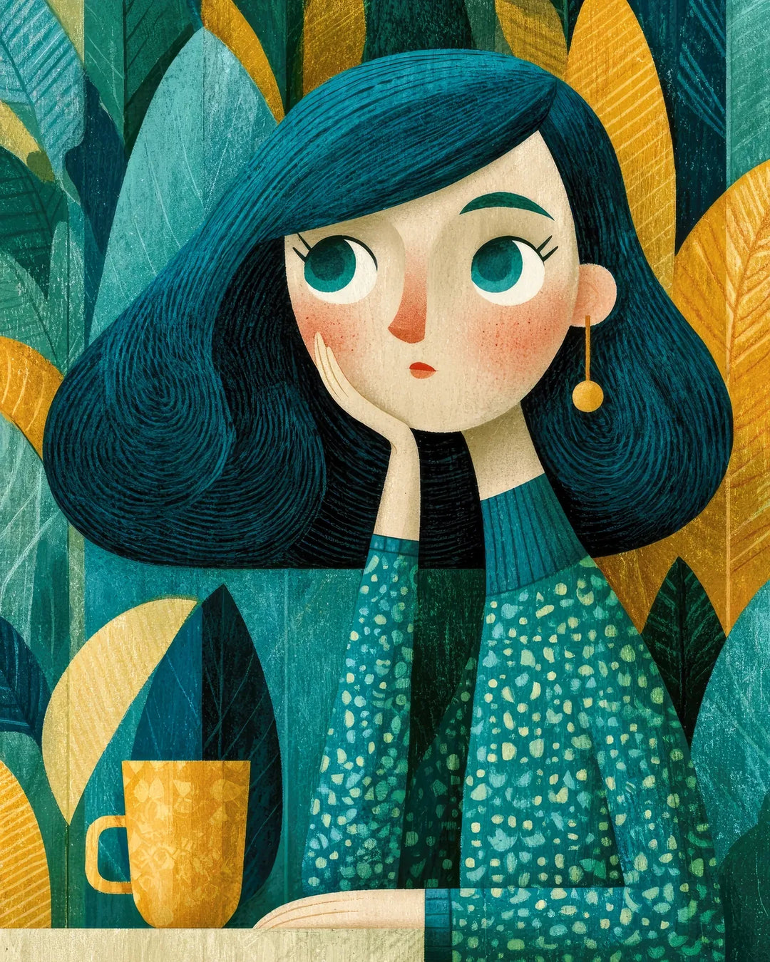 Coffee Daydream diamond painting kit featuring a teal-haired girl resting beside a coffee cup among leaves