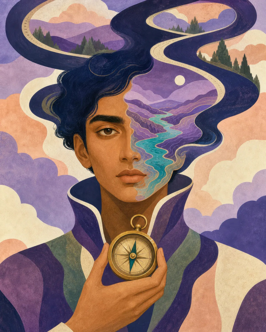 Maps of a Wandering Mind diamond painting kit - man holding a compass with roads and rivers flowing from his hair
