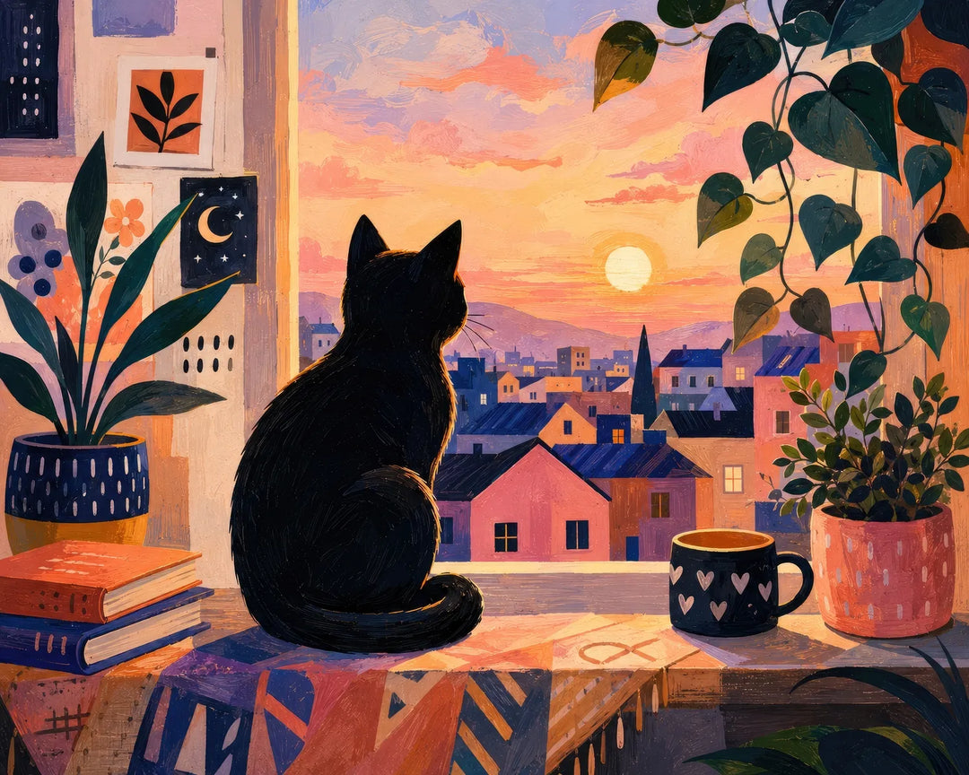 Cozy black cat diamond painting kit featuring a black cat watching a sunset over rooftops in warm painterly style