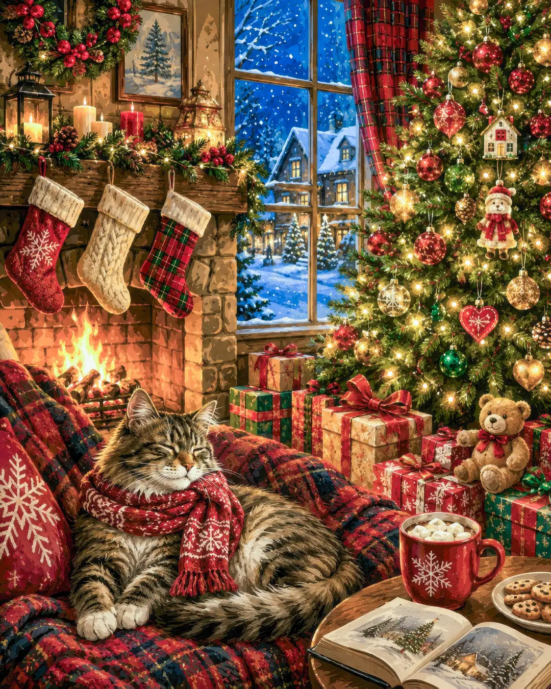 Fireside Christmas Wishes diamond painting kit - cozy cat in a scarf sleeping by the fireplace at Christmas