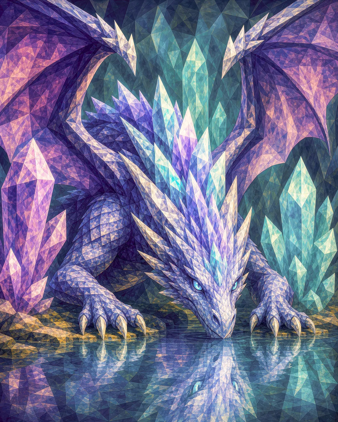 Where Crystal Waters Sleep diamond painting kit - crystalline gemstone dragon drinking from a still pool