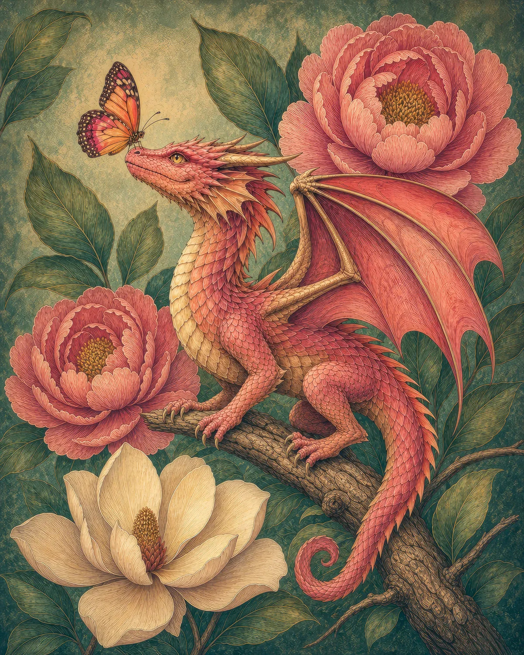 A Gentle Meeting diamond painting kit - small pink dragon meeting a butterfly among peonies