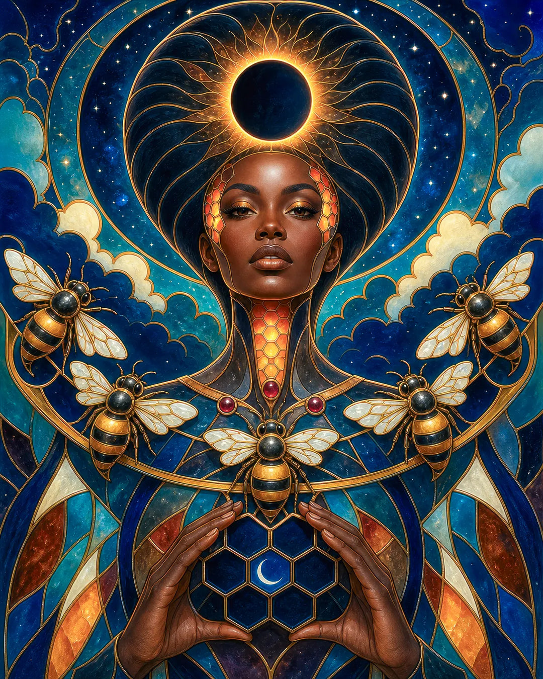 Queen of the Eclipse Hive diamond painting kit - woman crowned with a solar eclipse surrounded by golden bees