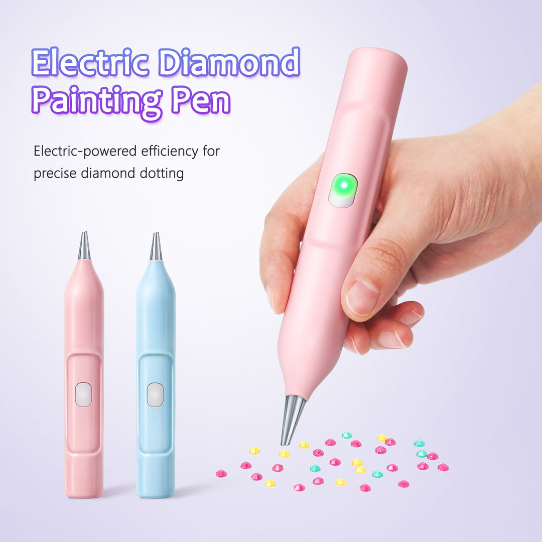Electric diamond painting pen shown in six colors: pink, white, yellow, red, purple, and blue