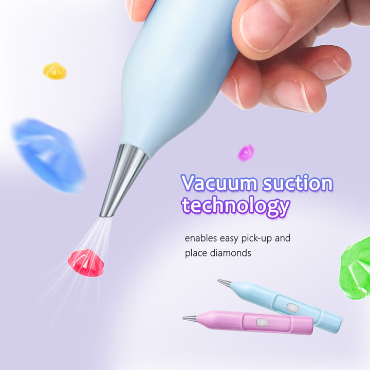 Blue electric diamond painting pen placing drills on a canvas