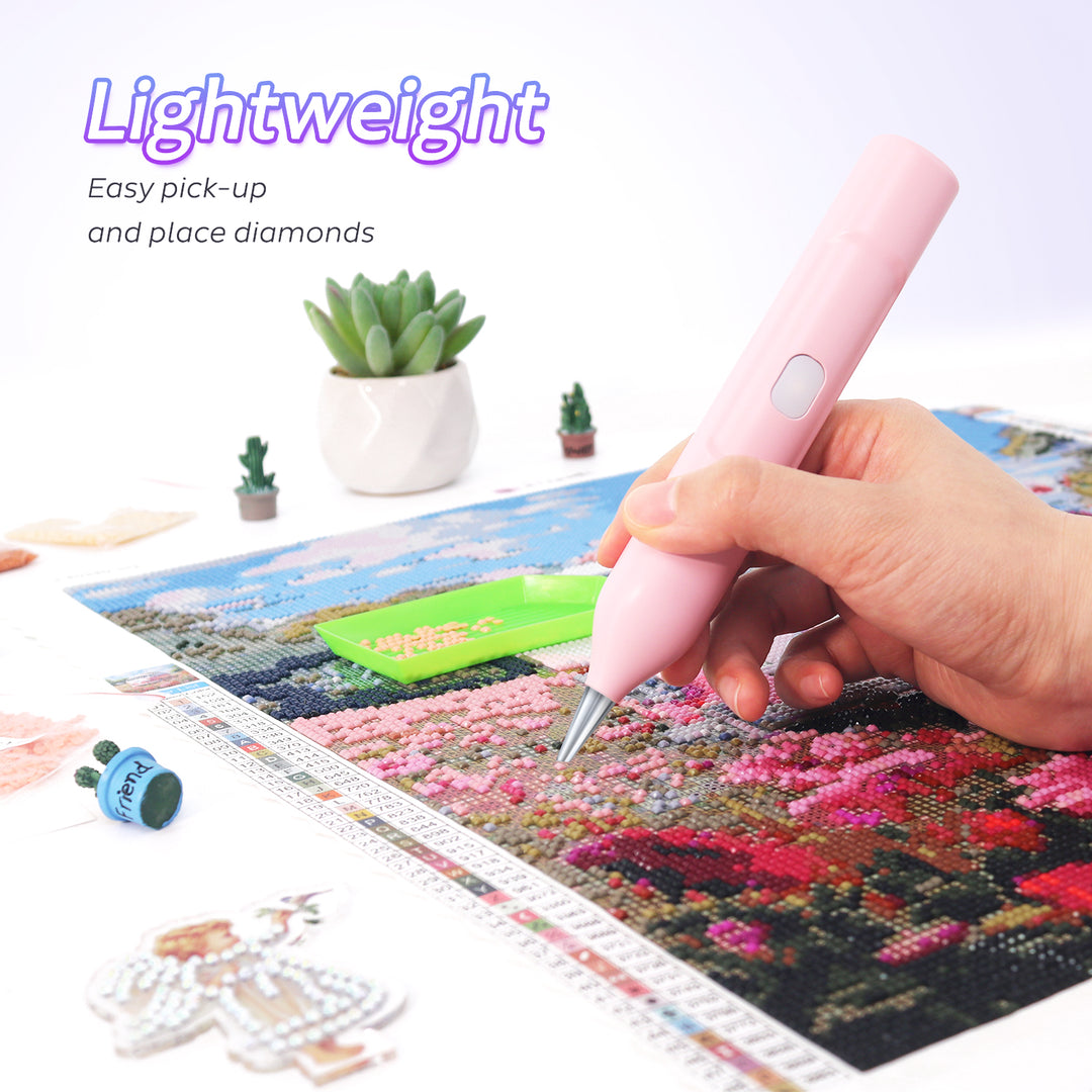 Electric diamond painting pen packaging includes the pen, drill head, USB-C cable, and box