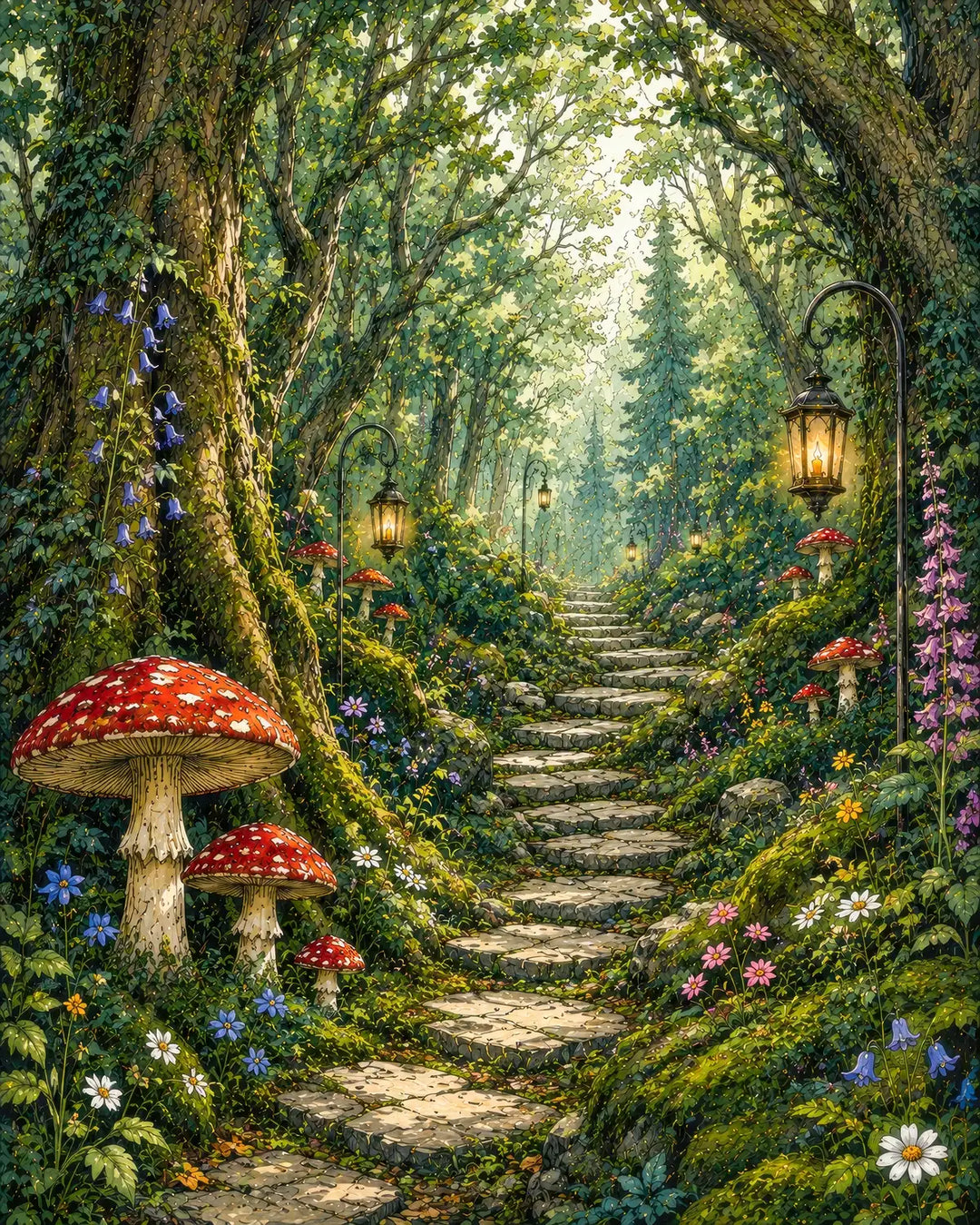 Enchanted forest path diamond painting kit featuring a lantern-lit stone staircase with toadstools and wildflowers