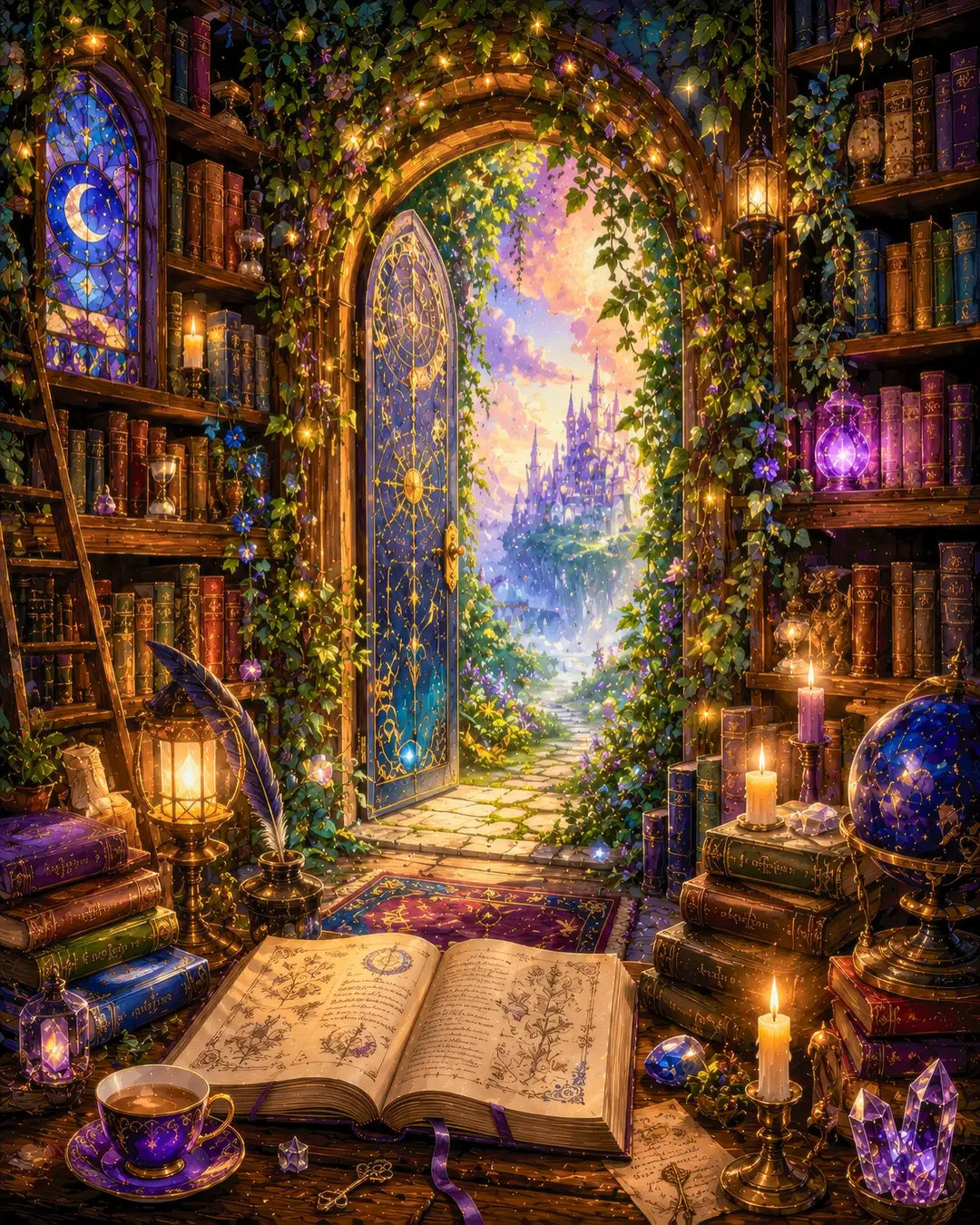 Enchanted library diamond painting kit featuring a stained-glass door opening to a fairy-tale castle