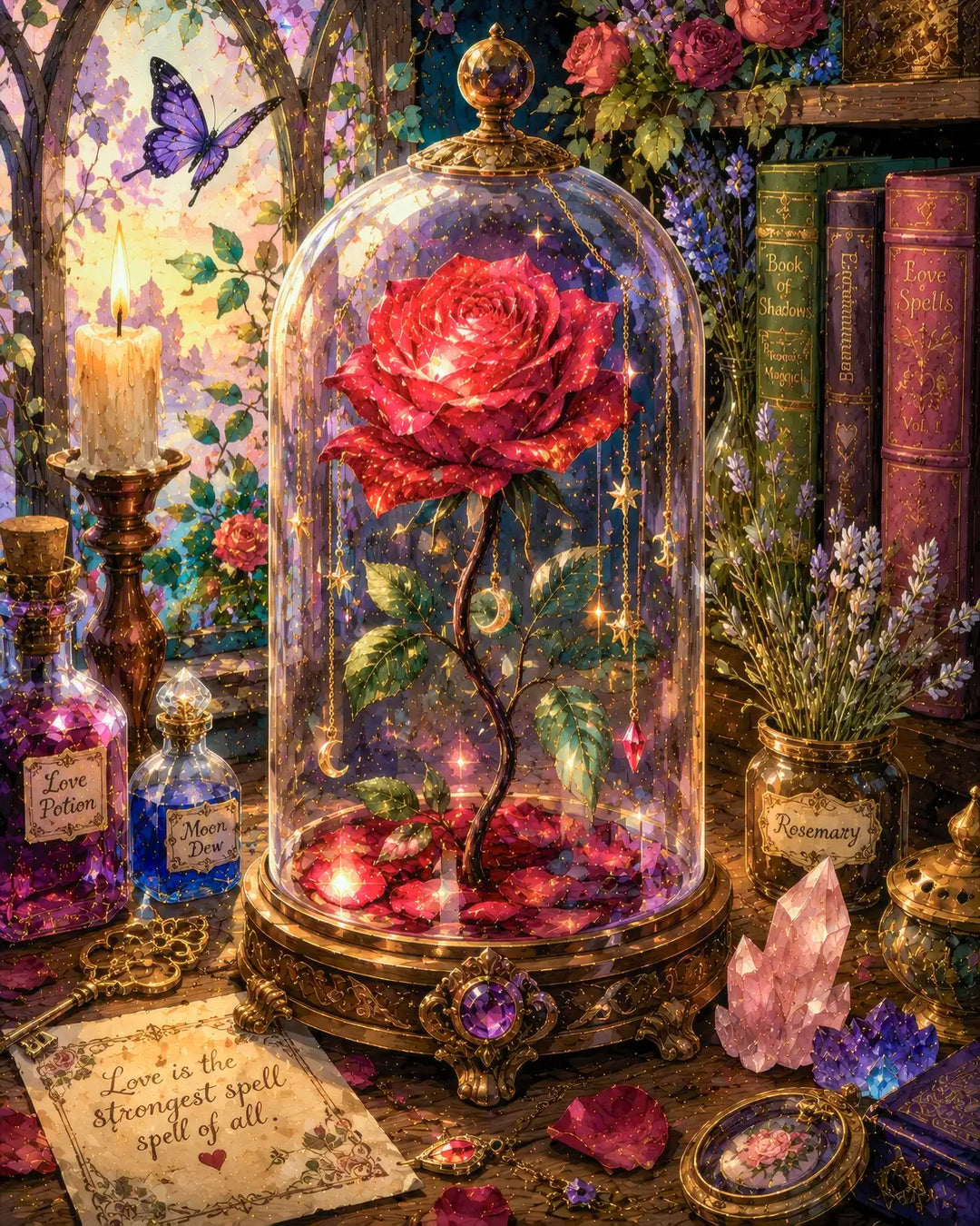 Enchanted rose diamond painting kit featuring a glowing red rose under a glass dome with potions and books