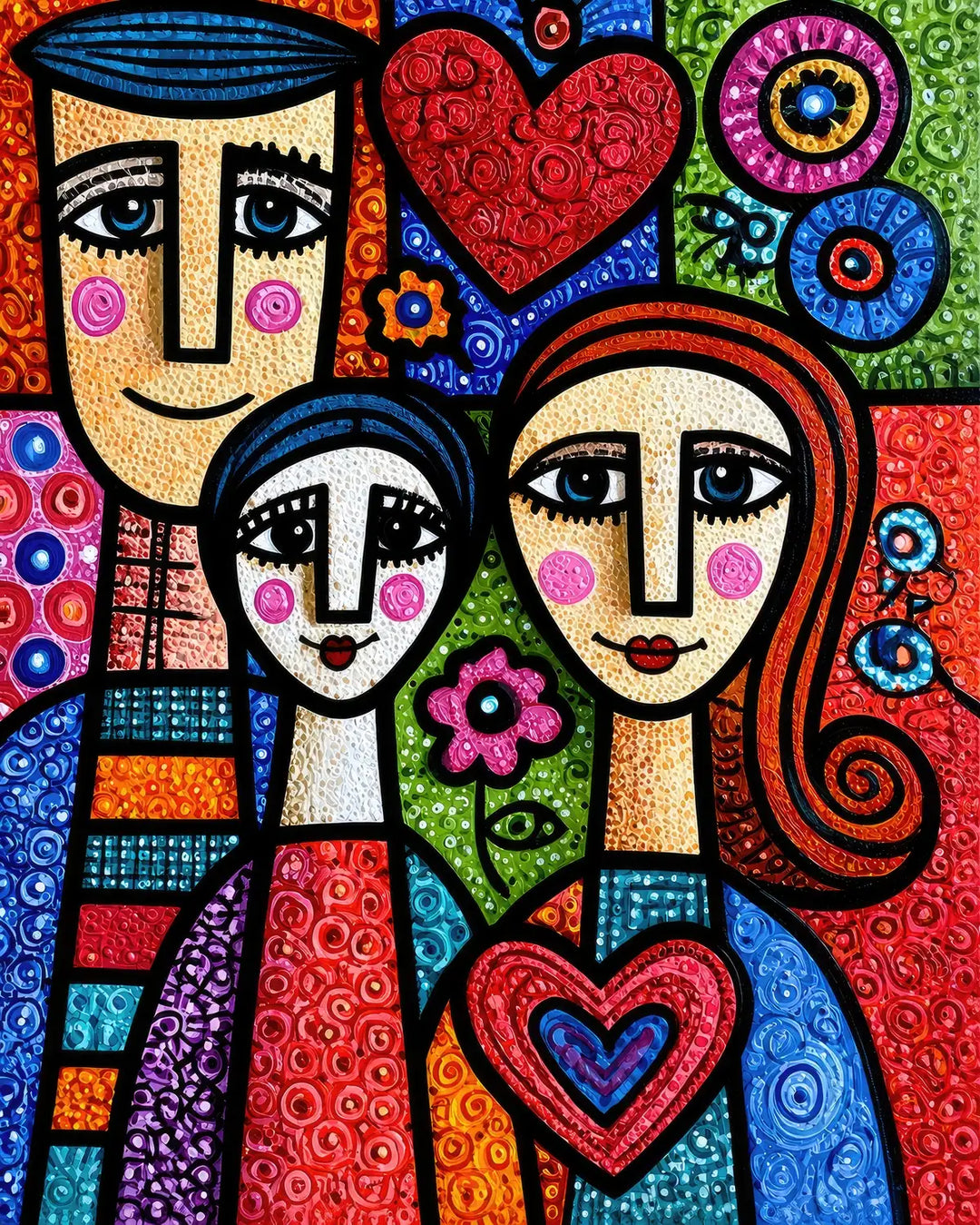 Family diamond painting kit featuring a colorful folk-art family portrait with hearts and flowers