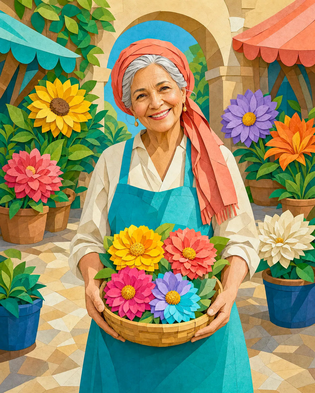 The Flower Seller's Joy diamond painting kit - smiling market vendor holding a basket of colorful flowers