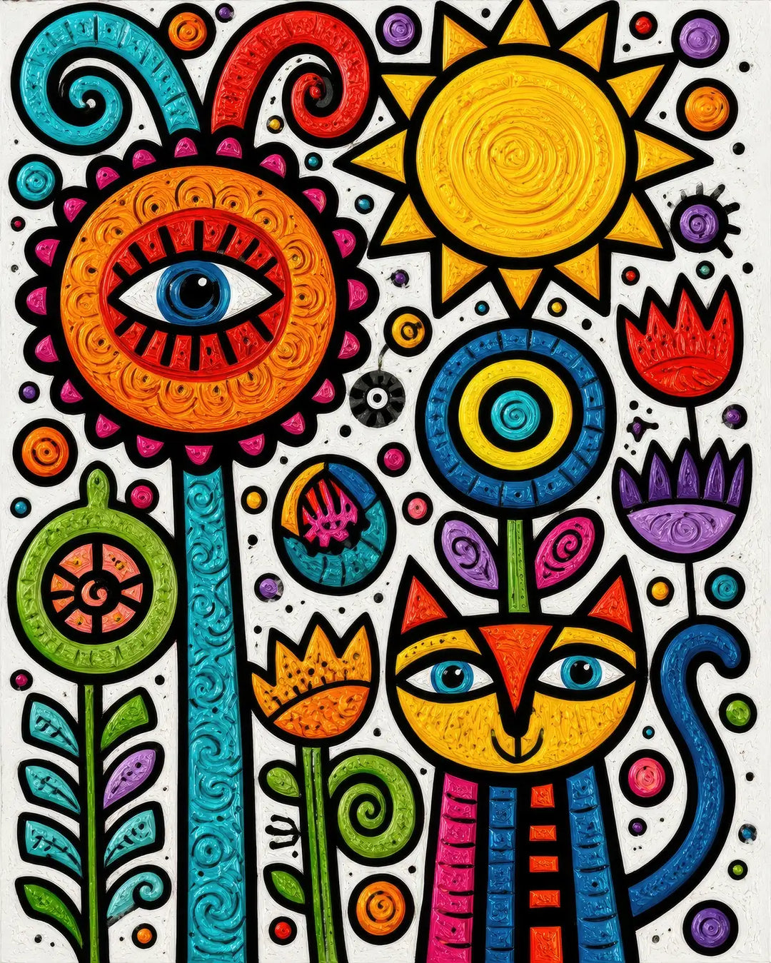 Folk art cat diamond painting kit featuring a whimsical cat among bold folk-art flowers and a sun