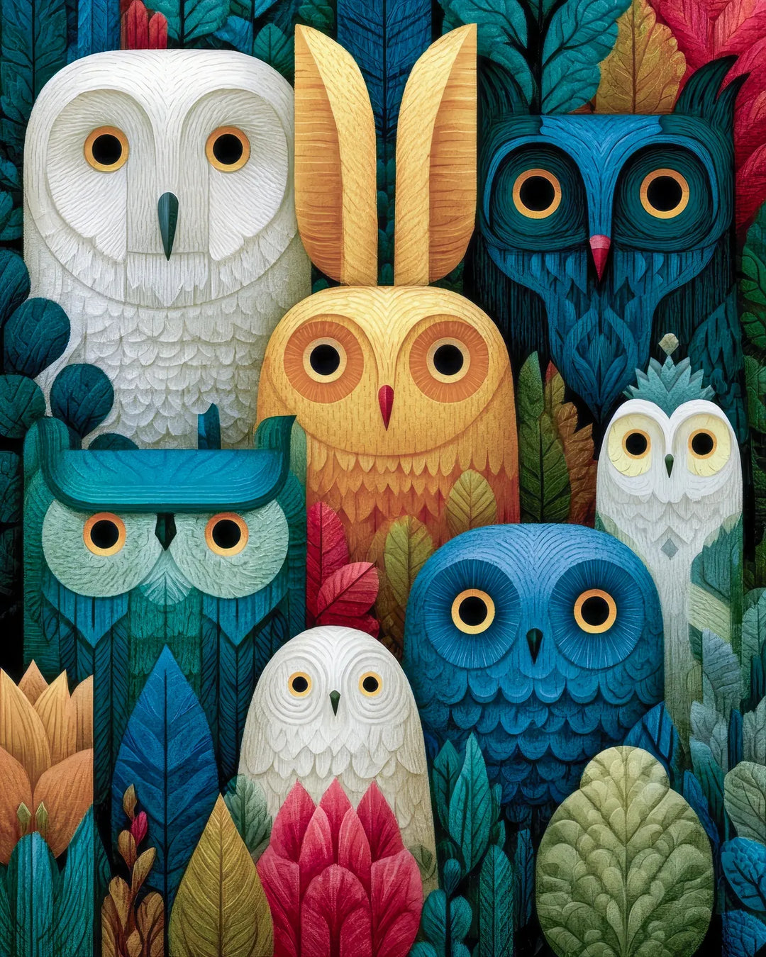 Folk art owls diamond painting kit featuring a group of stylized owls in a patterned jewel-toned forest