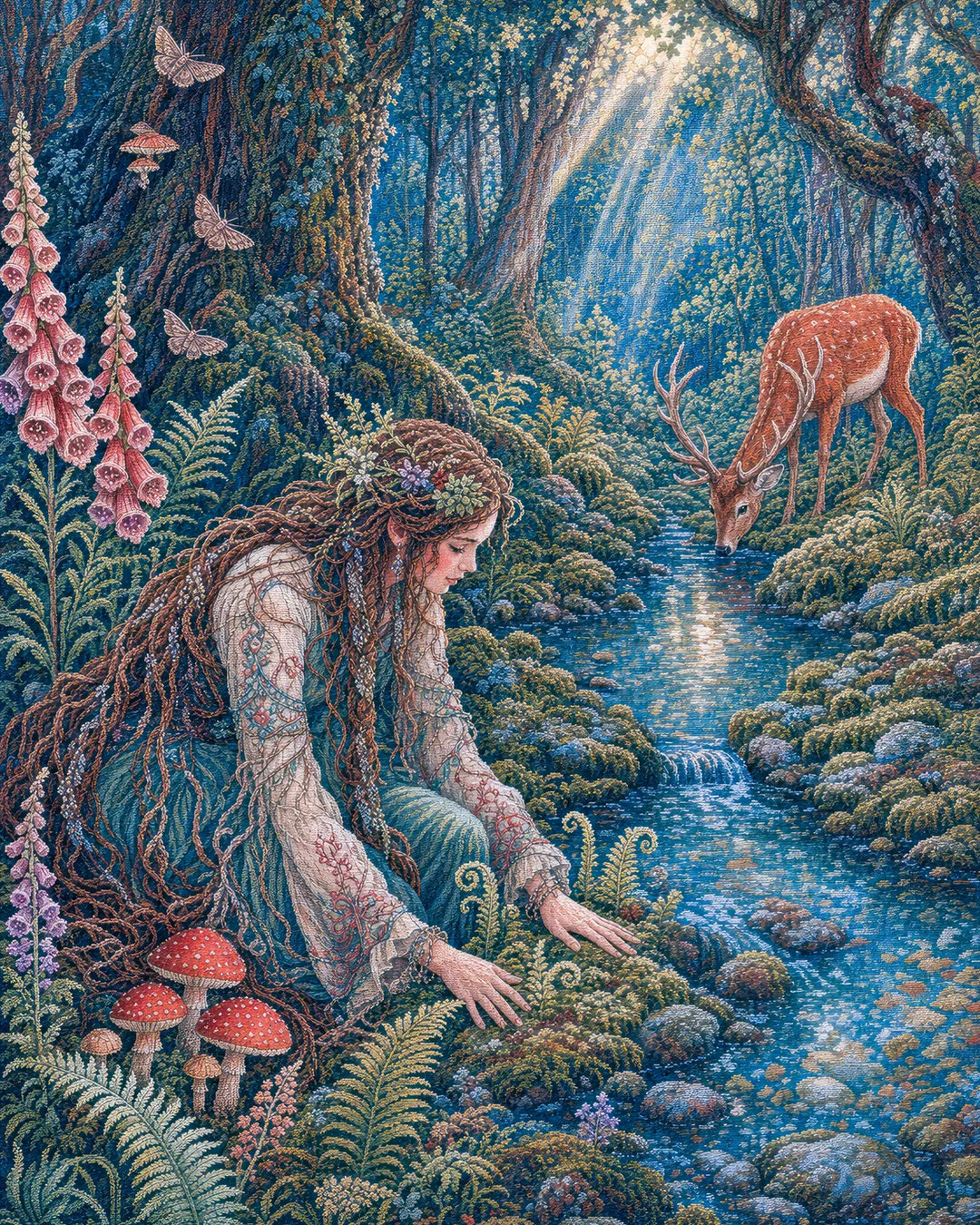 Whispers of the Sacred Grove diamond painting kit - forest spirit kneeling by a stream as a stag drinks nearby