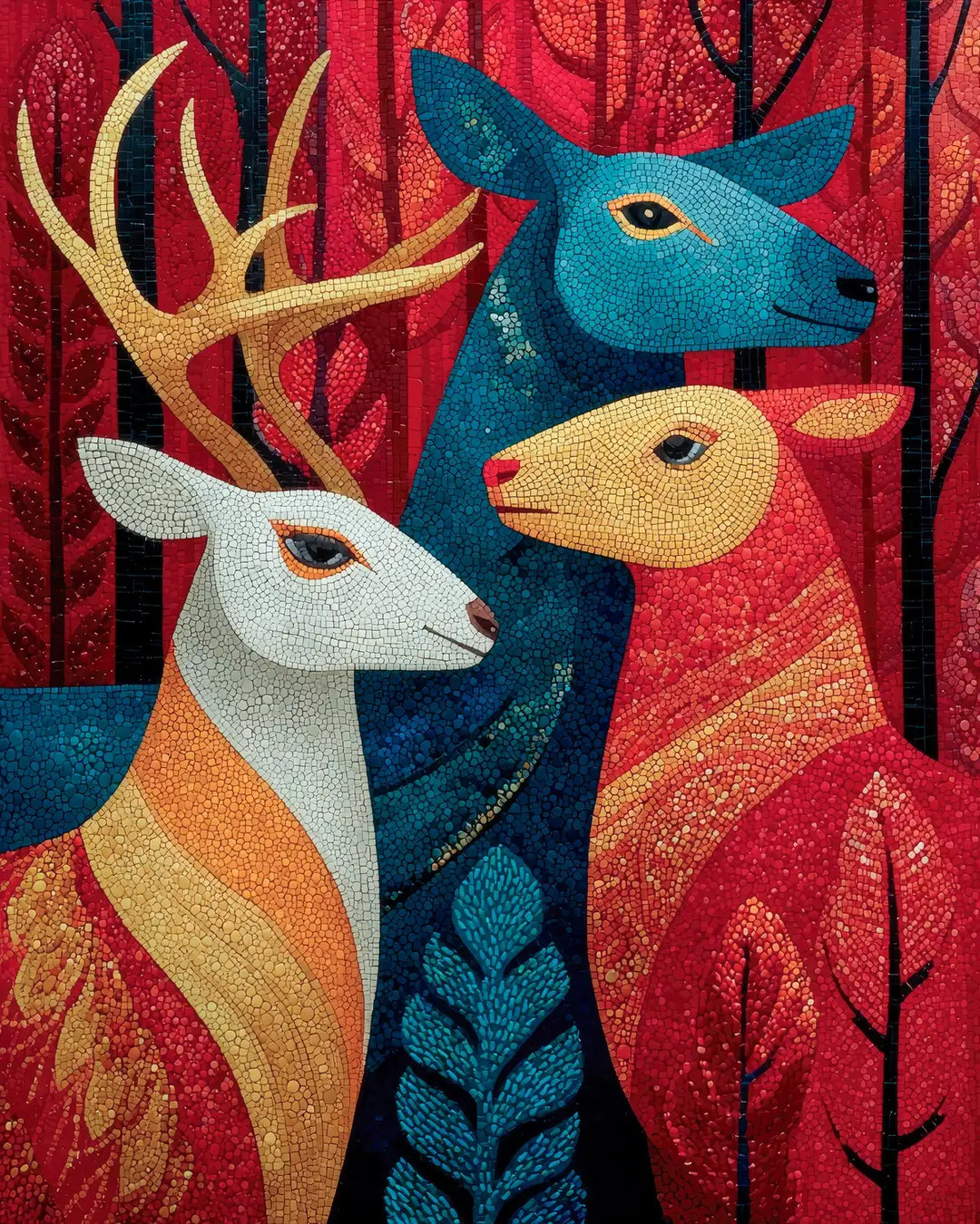 Forest trio diamond painting kit featuring three deer in a glowing red mosaic forest