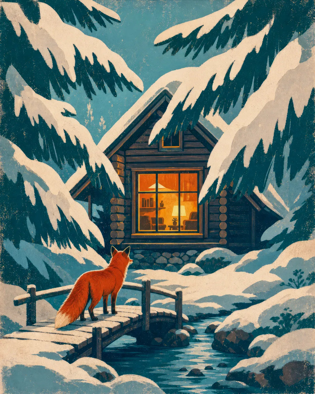 Longing for Home diamond painting kit - fox on a snowy bridge gazing at a glowing cabin