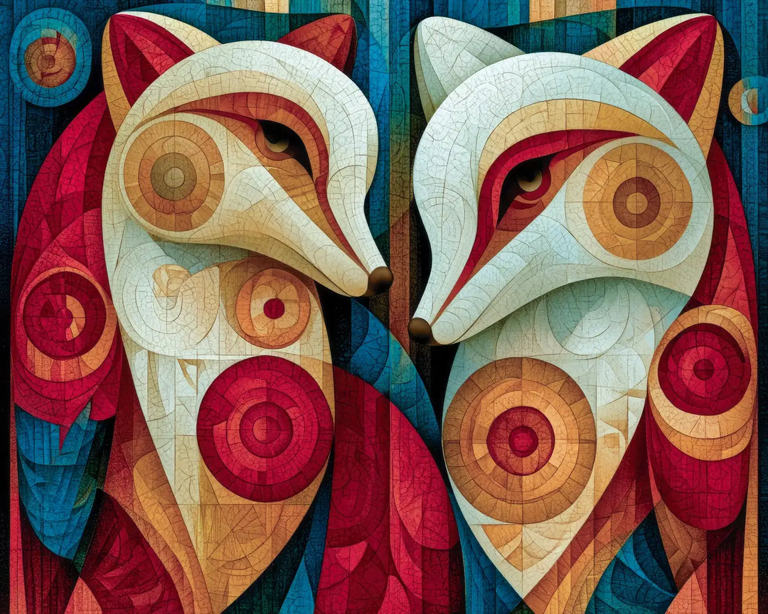 Fox pair diamond painting kit featuring two stylized foxes in bold geometric folk-art