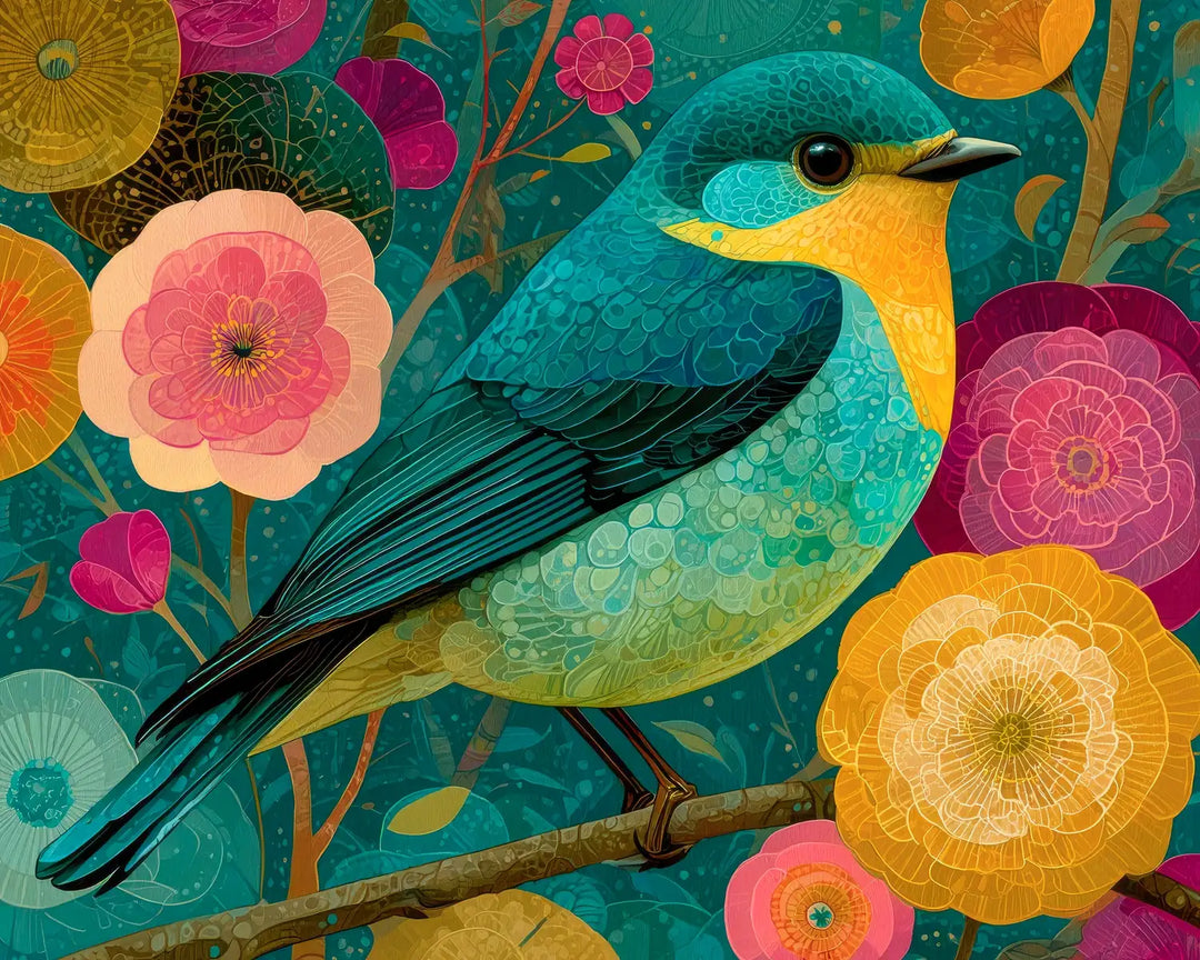 Garden songbird diamond painting kit featuring a teal and gold bird among bold flowers
