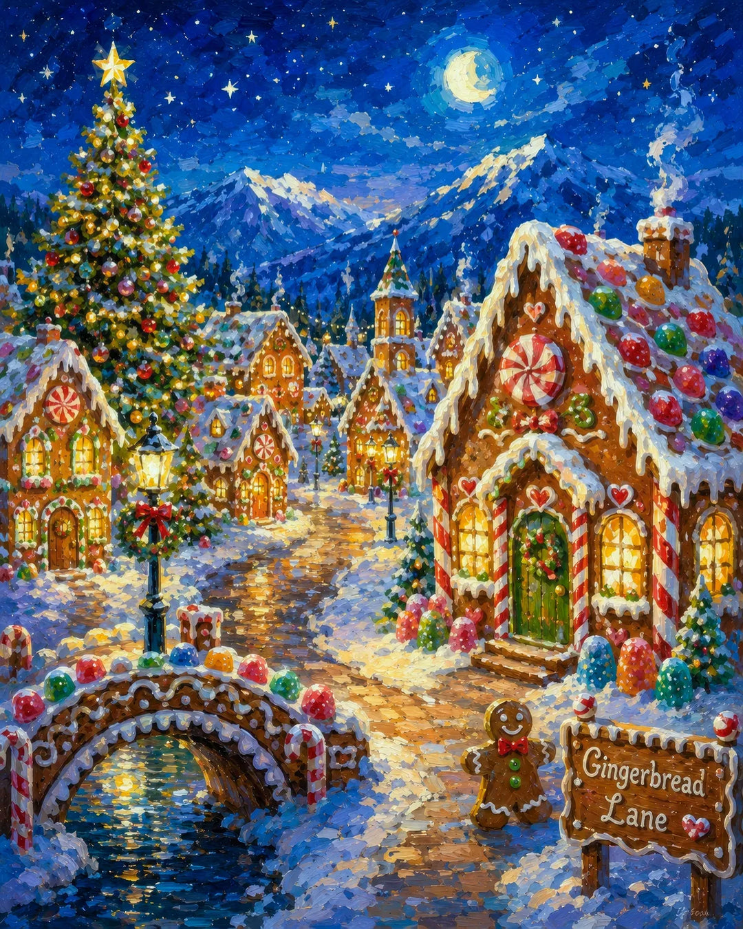Gingerbread Lane diamond painting kit - whimsical gingerbread and candy village at night