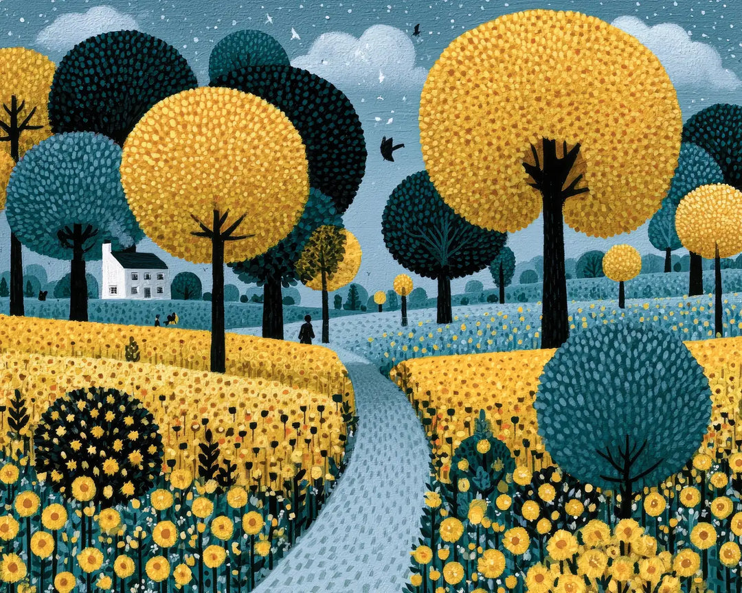 Golden fields diamond painting kit featuring a path through sunflower fields and round teal and gold trees